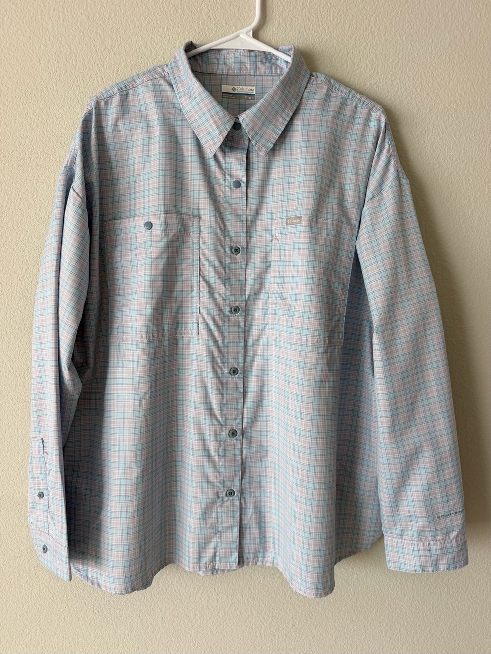 Columbia Men’s Blue and Pink Plaid Button-Down Shirt 2X Hiking Sun UPF 40+